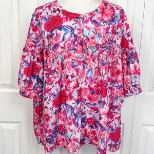 NWT Like Love Pink Flirty Floral Ruffle Short Sleeve Blouse 1X